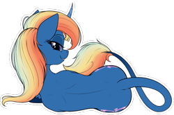 Size: 1093x727 | Tagged: safe, artist:suspega, derpibooru exclusive, imported from derpibooru, oc, oc only, oc:cobalt mist, pony, unicorn, bedroom eyes, both cutie marks, eyeshadow, female, horn, leonine tail, long tail, looking at you, looking back, looking back at you, lying down, makeup, multicolored hair, on side, rainbow hair, rear view, simple background, smiling, solo, tail mouth, tailmouth, transparent background, unicorn oc, white outline