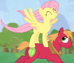 Size: 1545x1303 | Tagged: safe, artist:anarchemitis, imported from derpibooru, big macintosh, fluttershy, earth pony, pegasus, pony, cropped, female, fluttermac, fluttershy riding big macintosh, male, ponies riding ponies, riding, running, shipping, spread wings, straight, windswept mane, wings