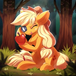 Size: 4000x4000 | Tagged: safe, artist:ask-colorsound, imported from derpibooru, applejack, earth pony, pony, :p, absurd resolution, apple, applejack's hat, blonde hair, chest fluff, cowboy hat, cute, ear fluff, eyelashes, female, food, grass, hat, jackabetes, leg fluff, looking at something, magnifying glass, mane, mare, one eye closed, outdoors, sitting, solo, tail, that pony sure does love apples, tongue out, tree
