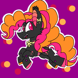 Size: 1378x1378 | Tagged: safe, artist:circuspaparazzi5678, imported from derpibooru, oc, oc only, oc:party palooza, changeling, changepony, earth pony, hybrid, pony, bow, ear piercing, earring, interspecies offspring, jewelry, magical lesbian spawn, offspring, parent:pinkie pie, parent:queen chrysalis, parents:chryssie pie, parents:pinkiesalis, piercing, poofy mane, sharp teeth, solo, spots, teeth
