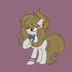 Size: 1378x1378 | Tagged: safe, artist:circuspaparazzi5678, imported from derpibooru, oc, oc only, oc:fionna melody, earth pony, pony, base used, bowtie, ear piercing, earring, jewelry, offspring, pansexual, pansexual pride flag, parent:bulk biceps, parent:octavia melody, parents:bulktavia, piercing, pride, pride flag, purple background, simple background, solo