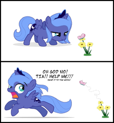 Size: 675x726 | Tagged: safe, artist:flausch-katzerl, edit, imported from derpibooru, princess luna, alicorn, butterfly, adorable distress, artifact, cute, female, filly, foal, running, simple background, transparent background, woona, younger