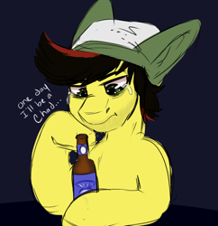 Size: 854x882 | Tagged: safe, artist:celestialoddity, artist:mamachubs, imported from derpibooru, oc, oc only, oc:fiya, earth pony, pony, alcohol, beanie, beer, chad, crying, hat, sad, sketch, solo