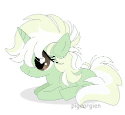 Size: 305x282 | Tagged: safe, artist:pigeorgien, artist:selenaede, imported from derpibooru, oc, oc only, oc:trefoil clover, pony, unicorn, base used, cute, cuteness overload, female, filly, foal, lying, pigeorgien is trying to murder us, simple background, solo, younger