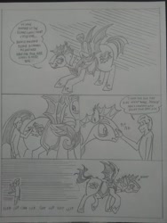 Size: 1944x2592 | Tagged: safe, artist:princebluemoon3, imported from derpibooru, oc, oc:tommy the human, bat pony, human, pony, comic:sisterly silliness, armor, bags under eyes, black and white, butt, canterlot, canterlot castle, castle, child, clothes, comic, commissioner:bigonionbean, cutie mark, dialogue, embarrassed, extra thicc, flank, grayscale, hallway, human oc, jiggle, jiggling, kneeling, male, monochrome, night guard, night guard armor, petting, plot, riding, riding a pony, royal guard, snorting, stallion, tail wag, thought bubble, tired, traditional art, whinny, writer:bigonionbean