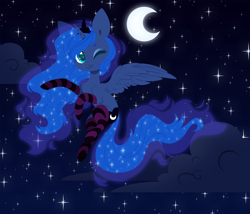 Size: 5250x4500 | Tagged: safe, alternate version, artist:belka-sempai, imported from derpibooru, princess luna, alicorn, pony, chest fluff, clothes, crescent moon, cute, ethereal mane, female, flying, kneesocks, leg fluff, lunabetes, mare, moon, night, one eye closed, sky, socks, solo, starry mane, starry night, stars, stockings, striped socks, thigh highs, transparent moon, wink
