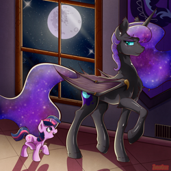 Size: 2000x2000 | Tagged: safe, artist:zuckergelee, imported from derpibooru, nightmare moon, twilight sparkle, alicorn, pony, unicorn, alternate timeline, bat wings, bedroom eyes, cute, cutie mark, digital art, duo, duo female, female, filly, filly twilight sparkle, happy, high res, hooves, horn, indoors, looking at each other, mare, moon, nicemare moon, night, nightmare takeover timeline, open mouth, raised hoof, spread wings, tail, twiabetes, unicorn twilight, walking, window, wings, younger