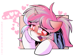 Size: 2160x1641 | Tagged: safe, artist:movieskywalker, derpibooru exclusive, imported from derpibooru, oc, oc only, oc:moontrace, pony, unicorn, blushing, female, females only, headband, heart eyes, light skin, looking at you, multicolored hair, open mouth, ponytail, simple background, smiling, solo, white background, white skin, wingding eyes