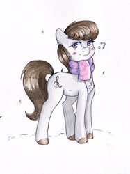 Size: 3305x4412 | Tagged: safe, artist:lightisanasshole, imported from derpibooru, octavia melody, earth pony, pony, blushing, brown mane, chest fluff, clothes, cold, colored hooves, cutie mark, female, looking at you, scarf, smiling, snow, snowflake, solo, solo female, traditional art, winter, winter outfit