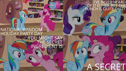 Size: 2000x1125 | Tagged: safe, edit, edited screencap, editor:quoterific, imported from derpibooru, screencap, pinkie pie, rainbow dash, rarity, earth pony, pegasus, pony, unicorn, daring don't, daring doubt, balloon, bipedal, confetti, cup, glowing horn, golden oaks library, horn, magic, magic aura, national random holiday party day, nose in the air, open mouth, surprised, teacup