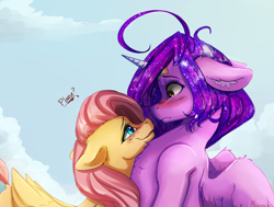 Size: 3500x2647 | Tagged: safe, artist:miokomata, imported from derpibooru, fluttershy, oc, oc:dazzling talents, alicorn, pegasus, pony, alicorn oc, blushing, canon x oc, female, floppy ears, freckles, freckleshy, horn, lesbian, looking at each other, mare, shipping, wings