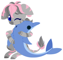 Size: 4000x3812 | Tagged: safe, artist:belka-sempai, imported from derpibooru, oc, oc:celaje, dolphin, zebra, commission, cute, facial markings, hug, leonine tail, looking at you, markings, one eye closed, plushie, simple background, sitting, transparent background, ych result, zebra oc