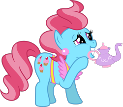 Size: 4609x4000 | Tagged: safe, artist:jeatz-axl, imported from derpibooru, cup cake, earth pony, pony, female, food, mare, mouth hold, raised hoof, simple background, solo, tea, transparent background, vector