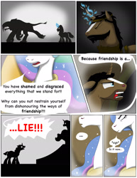 Size: 1837x2381 | Tagged: safe, artist:cactuscowboydan, imported from derpibooru, princess celestia, oc, unicorn, comic:outcasted, comic, fanfic, monster, shout, story included