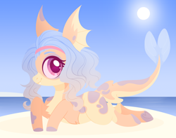 Size: 5067x4000 | Tagged: safe, artist:belka-sempai, imported from derpibooru, oc, oc only, original species, pony, shark, shark pony, beach, chest fluff, commission, facial markings, heart, hoof heart, island, looking at you, lying, lying down, markings, ocean, pale belly, prone, sand, shark pony oc