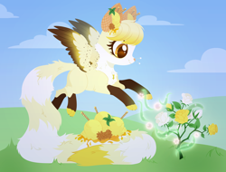 Size: 4000x3036 | Tagged: safe, artist:belka-sempai, imported from derpibooru, oc, oc only, original species, pegasus, pony, chest fluff, commission, facial markings, floating, flower, food, grass, ice cream, impossibly long tail, magic, markings, pale belly, paws, pegasus oc, rose, sky, solo, spread wings, wings