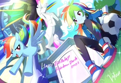 Size: 1750x1200 | Tagged: safe, artist:ryuu, imported from derpibooru, rainbow dash, human, pegasus, pony, equestria girls, equestria girls series, 2021, anime, clothes, converse, football, happy birthday, hoodie, mirror portal, pants, rainbow dash day, rainbow trail, self paradox, self ponidox, shoes, sneakers, soccer ball (object), tomboy, twilight's castle, wondercolt statue, wristband