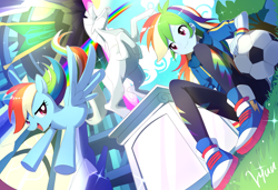 Size: 2048x1404 | Tagged: safe, alternate version, artist:ryuu, imported from derpibooru, rainbow dash, pegasus, pony, equestria girls, equestria girls series, canterlot high, clothes, converse, female, football, mare, open mouth, rainbow dash day, self ponidox, shoes, smiling, soccer ball (object), tomboy