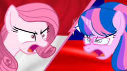 Size: 440x248 | Tagged: safe, artist:muhammad yunus, artist:tanahgrogot, imported from derpibooru, oc, oc only, oc:annisa trihapsari, oc:hsu amity, alicorn, earth pony, pony, alicorn oc, angry, argument, duo, duo female, earth pony oc, face, female, glasses, horn, indonesia, medibang paint, open mouth, request, taiwan, vector, wide eyes, wings