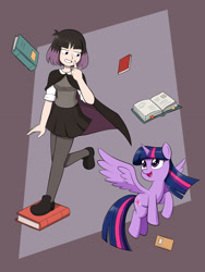 Size: 1200x1600 | Tagged: safe, artist:mew-me, imported from derpibooru, twilight sparkle, alicorn, human, pony, book, crossover, hilda, hilda (netflix), kaisa, twilight sparkle (alicorn)