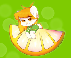 Size: 1280x1042 | Tagged: safe, artist:azaani, imported from derpibooru, oc, oc only, earth pony, pony, chibi, clothes, cute, ear piercing, earring, female, food, fruit, jewelry, lemon, mare, piercing, shirt, simple background, solo