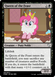 Size: 375x523 | Tagged: safe, edit, imported from derpibooru, pinkie pie, earth pony, friendship is witchcraft, swarm of the century, beard, ccg, crown, facial hair, jewelry, magic the gathering, regalia, sugarcube corner, trading card, trading card edit