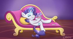 Size: 3000x1600 | Tagged: safe, artist:empyu, imported from derpibooru, rarity, pony, unicorn, eating, eyes closed, fainting couch, female, food, glowing horn, horn, ice cream, lying down, mare, on back, solo, that pony sure does love ice cream