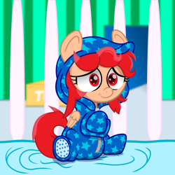 Size: 1250x1250 | Tagged: safe, artist:spellboundcanvas, imported from derpibooru, oc, oc only, oc:ginger ferrochrome, pegasus, pony, clothes, crib, diaper, diaper under clothes, female, filly, footed sleeper, footie pajamas, onesie, pajamas, solo, young