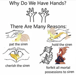 Size: 750x768 | Tagged: safe, artist:dragonmaster137, artist:lightningbolt, artist:suramii, imported from derpibooru, adagio dazzle, siren, hand, holding, in goliath's palm, meme, petting, show accurate, why do we have hands?