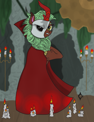 Size: 1277x1667 | Tagged: safe, artist:assertiveshypony, imported from derpibooru, cinder glow, summer flare, kirin, pony, bipedal, candle, candle holder, cave, cloak, clothes, digital art, drawing, mask, mechanism, phantom of the opera, standing on two hooves, vine