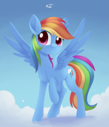 Size: 1179x1374 | Tagged: safe, artist:dusthiel, imported from derpibooru, rainbow dash, pegasus, pony, :3, backwards cutie mark, chest fluff, cloud, female, mare, on a cloud, rainbow dash day, raised hoof, sky, smiling, solo, spread wings, wings