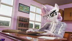 Size: 3840x2160 | Tagged: safe, artist:shadowboltsfm, imported from derpibooru, sweetie belle, anthro, plantigrade anthro, unicorn, 3d, 4k, blender, book, bookshelf, classroom, eyelashes, glasses, nail polish, not sfm