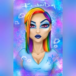 Size: 1080x1080 | Tagged: safe, artist:artisticallymichelle, imported from derpibooru, rainbow dash, human, abstract background, alternate hairstyle, breasts, bust, busty rainbow dash, cleavage, clothes, eyelashes, female, humanized, lipstick, makeup, smiling, solo