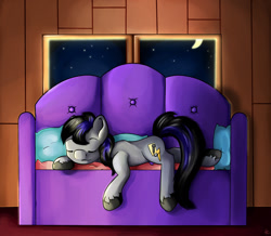 Size: 1280x1114 | Tagged: safe, artist:appleneedle, imported from derpibooru, oc, oc:iron crackle, earth pony, pony, art, blanket, character, cottage, couch, digital, draw, drawing, fanart, night, patreon, pillow, rest, reward, sleeping, window