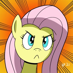 Size: 1385x1384 | Tagged: safe, artist:cartoon-eric, imported from derpibooru, fluttershy, pony, :<, >:<, angry, bust, cute, female, frown, looking at someone, madorable, mare, shyabetes, solo, stare, stern, sunburst background, the stare, three quarter view