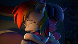 Size: 3840x2160 | Tagged: safe, artist:psfmer, imported from derpibooru, rainbow dash, twilight sparkle, alicorn, pegasus, pony, 3d, cloudsdale, comforting, crying, depressed, depression, duo, duo female, eyes closed, female, hug, lesbian, rainbow dash's bedroom, revamped ponies, sad, sfm pony, shipping, source filmmaker, twidash, twilight sparkle (alicorn), wonderbolts poster