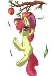 Size: 3541x5016 | Tagged: safe, alternate version, artist:db, imported from derpibooru, apple bloom, earth pony, pony, :p, adorabloom, apple, cute, female, filly, food, hanging, solo, tongue out, tree, underhoof