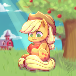 Size: 1280x1280 | Tagged: safe, artist:fluterloo, imported from derpibooru, applejack, earth pony, pony, apple, apple tree, chibi, colored pupils, crepuscular rays, cute, deviantart watermark, ear fluff, female, jackabetes, mare, obtrusive watermark, sitting, solo, sweet apple acres, tree, watermark