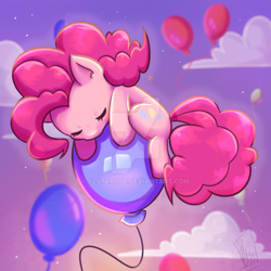 Size: 1280x1280 | Tagged: safe, artist:fluterloo, imported from derpibooru, pinkie pie, earth pony, pony, balloon, chibi, cloud, cute, deviantart watermark, diapinkes, ear fluff, eyes closed, female, floating, mare, obtrusive watermark, ponk, sky, sleeping, solo, then watch her balloons lift her up to the sky, watermark