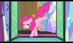 Size: 800x480 | Tagged: safe, imported from derpibooru, screencap, pinkie pie, earth pony, pony, ail-icorn, spoiler:interseason shorts, doors, kick, kicking, serious, solo, twilight's castle