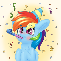 Size: 4000x4000 | Tagged: safe, artist:yelowcrom, imported from derpibooru, rainbow dash, pegasus, pony, blushing, chest fluff, confetti, cute, female, hat, heart eyes, mare, party, party hat, party horn, rainbow dash day, rainbow dash's birthday, simple background, wingding eyes, wings