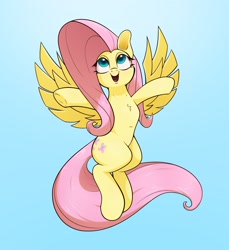 Size: 2200x2400 | Tagged: safe, artist:aquaticvibes, imported from derpibooru, fluttershy, pegasus, pony, chest fluff, cute, female, flying, front view, full face view, gradient background, high res, hooves out, looking up, mare, open mouth, shyabetes, smiling, solo, spread wings, wings