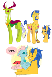 Size: 2585x3822 | Tagged: safe, artist:aztrial, imported from derpibooru, flash sentry, ocellus, thorax, changedling, changeling, unicorn, amputee, gay, king thorax, male, prosthetic leg, prosthetic limb, prosthetics, royal guard, shipping, sideburns, thorflash