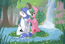 Size: 4662x3143 | Tagged: safe, artist:wbp, imported from derpibooru, oc, oc only, oc:pine berry, oc:snow pup, earth pony, pegasus, pony, bath, bathing, eyes closed, female, floppy ears, forest, mare, scrubbing, sitting, smiling, soap bubble, water, waterfall, wet, wet mane