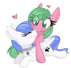 Size: 2800x2700 | Tagged: safe, artist:lbrcloud, artist:littleblackraencloud, imported from derpibooru, oc, oc only, oc:pine berry, oc:snow pup, earth pony, pegasus, pony, blushing, chest fluff, collar, commission, dog tags, duo, ear fluff, eye clipping through hair, eyebrows, eyebrows visible through hair, eyes closed, female, heart, horn, mane, mare, nuzzling, oc x oc, shipping, simple background, tail, transparent background, wings, ych result