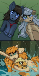 Size: 4536x8716 | Tagged: safe, artist:celestial-rainstorm, imported from derpibooru, applejack, pear butter, oc, oc:ash bark, pony, absurd resolution, canon x oc, female, flashback, imminent death, imminent drowning, male, origins, shipping, story included, straight, water