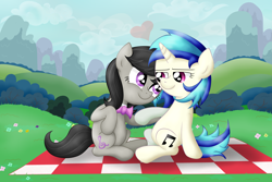 Size: 7381x4921 | Tagged: safe, artist:background basset, imported from derpibooru, dj pon-3, octavia melody, vinyl scratch, earth pony, pony, unicorn, duo, duo female, female, holding hooves, lesbian, picnic blanket, scratchtavia, shipping