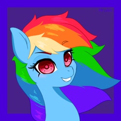 Size: 850x850 | Tagged: safe, artist:hrukii, artist:navokin, imported from derpibooru, rainbow dash, pony, abstract background, bust, cropped, ear fluff, eye clipping through hair, female, grin, looking at you, mare, portrait, redraw, smiling, solo, three quarter view
