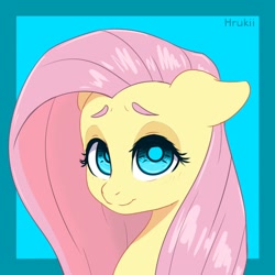 Size: 850x850 | Tagged: safe, artist:hrukii, artist:navokin, imported from derpibooru, fluttershy, pony, abstract background, bust, cropped, cute, ear fluff, female, floppy ears, looking at you, mare, portrait, redraw, shyabetes, smiling, solo, stray strand, three quarter view