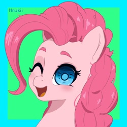 Size: 850x850 | Tagged: safe, artist:hrukii, artist:navokin, imported from derpibooru, pinkie pie, earth pony, pony, abstract background, bust, cropped, ear fluff, female, looking at you, mare, open mouth, portrait, redraw, smiling, solo, three quarter view